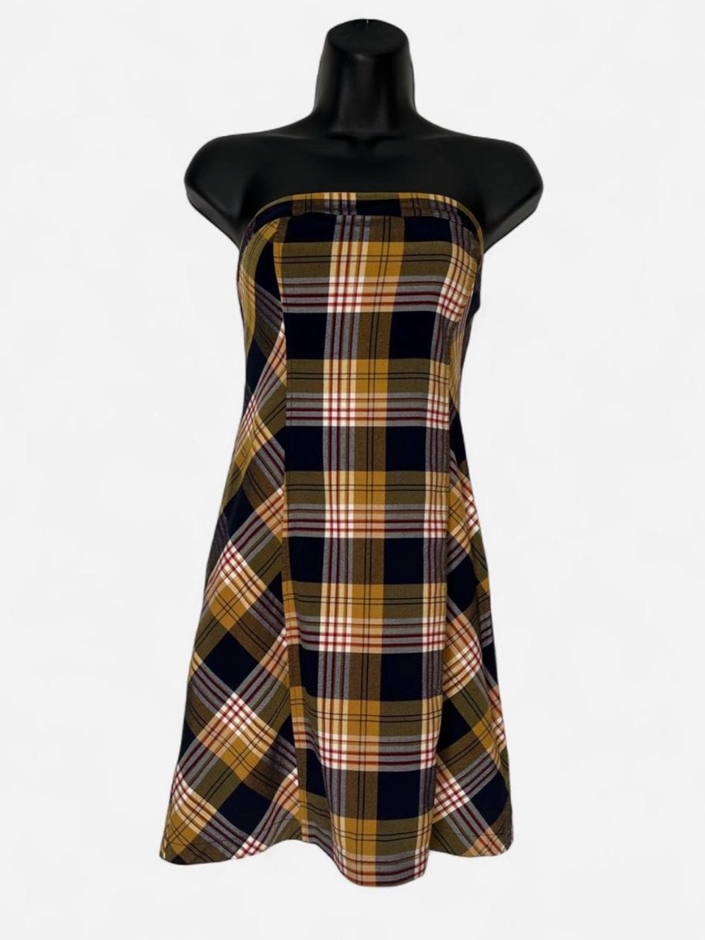 Urban Outfitters Strapless Plaid A-Line Dress in Mustard & Navy